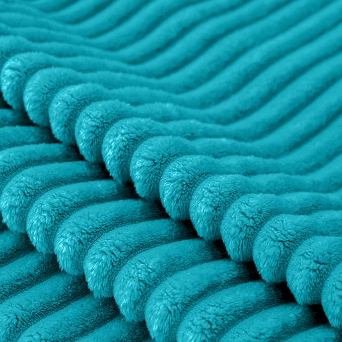 Vessia Flannel Fleece Throw Blanket for Couch,Sofa,Bed, 300GSM Striped Teal Blanket for Adults and Kids, Super Soft Warm Cozy Lightweight Ribbed Throw for All-Season