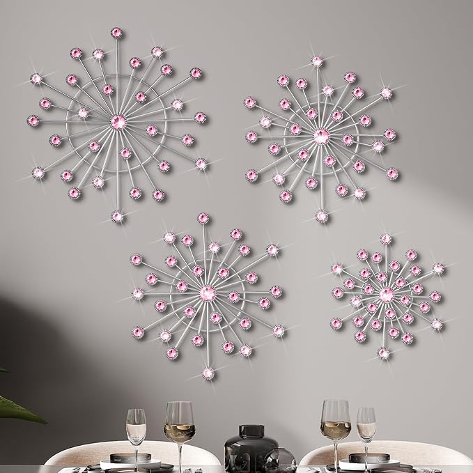 Blulu 4 Pcs Pink Metal Wall Decor Bling Crystal Wall Art Cast Iron Rhinestones Sunburst Decor Starburst Art Hanging Diamond Accents Decorative for Living Room Bedroom Entryway