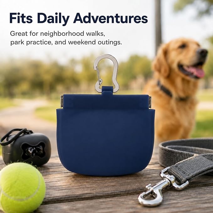 Silicone Dog Treat Pouch for Pet Training One-Hand Access One Cup Silicone Treat Bag with Pull Tab and Auto Closing Lid Treat Pouches for Leash(Color: Blue)