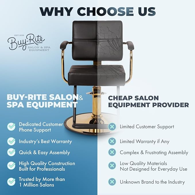 Buy-Rite Victoria Styling Chair for Professional Salons and Barbers, Gold Frame, Smooth All Black Premium Vinyl with Detailed Stitching, Hydraulic Pump, NIN-5506