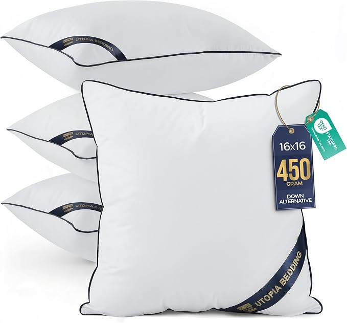 Utopia Bedding 16x16 Throw Pillow Inserts, Decorative Pillows, Pack of 4 | Piping Throw Pillows, Plush & Supportive, Aesthetic Cushion Sham Stuffer for Sofa, Office, Couch & Bed, Set of 4, White