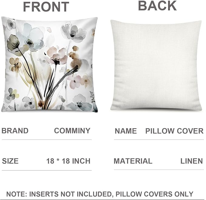 Watercolor Throw Pillow Covers 18x18 Set of 6, Botanical Floral Home Decor | Artistic floral, Standard Throw Pillow Size, Breathable Linen, Neutral flower, Couch Sofa Living Room, spring summer decor