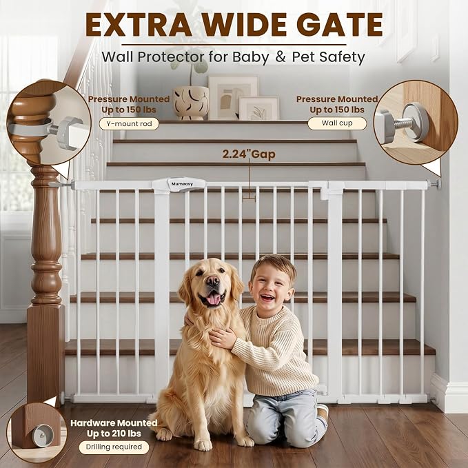 Mumeasy 29.7-54.2" Baby Gate for Stairs, Pressure Mounted Dog Gate for Doorways, Extra Wide Walk Thru Safety Pet Gate for Doors with Auto Close, Easy Install Child Gate for Hallway Indoor House, White