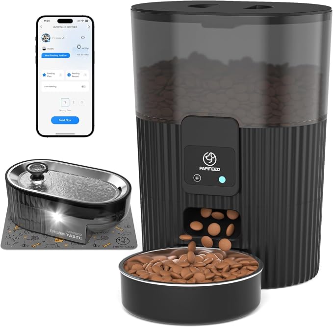 PAPIFEED Automatic Cat Feeder and Water Fountain Stainless Steel, Auto Cat Food & Water Dispenser, Quiet Pet Drinking Fountain with LED, Timed Cat Feeder with App, 10 Meals/Day, Smart Cat Feeder Set