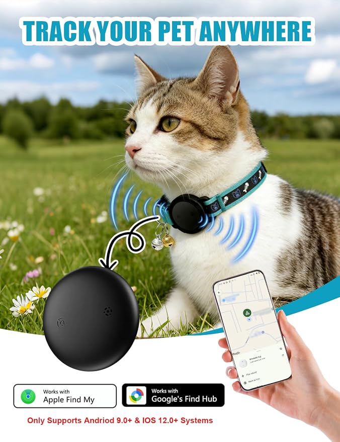 GPS Cat Tracker Collar (Android & iOS), Real-Time Activity Tracking Blue | Bluetooth Smart Finder tag No Subscription, Works with Apple Find my App & Google Find Hub, Anti-Lost for Pet Items Kitten