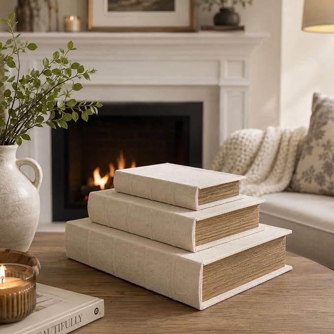 DECOR4SEASON Decorative Book Boxes Set of 3 – Modern Faux Linen & Wood Hidden Storage for Coffee Table – Stackable Fake Books for Shelf Decor, Remote Control & Jewelry Organizer (Beige)