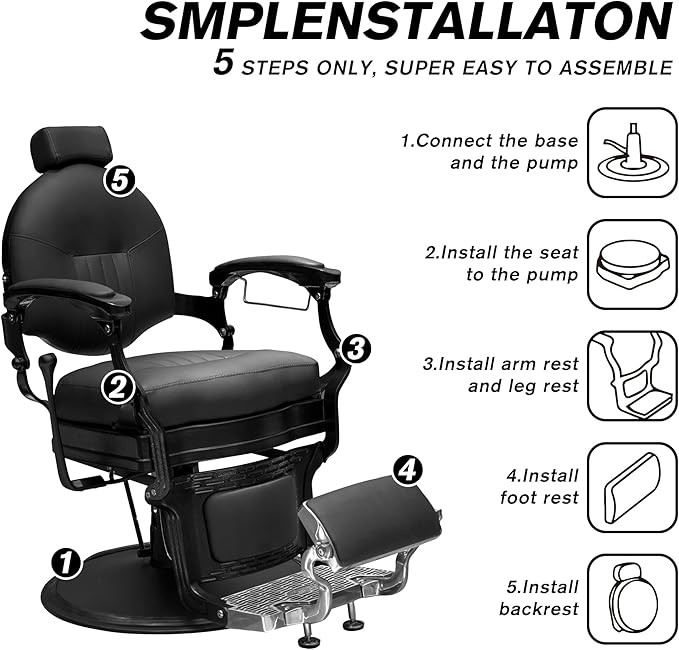 MYS Visionary 8829 Barber Chair, Hydraulic Salon Chair, Professional Hairdressing, Vintage Design, Stainless Leather, Black/Silver, 360° Rotation (Black)