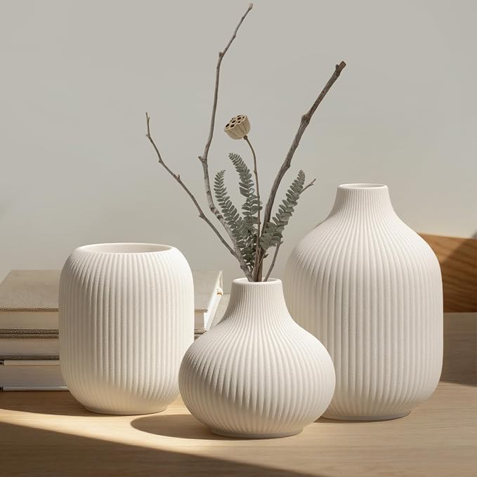 White Small Ceramic Vases Set of 3, Matte Vertical Ribbed, Minimalist for Pampas Dried & Fresh Flowers, Centerpiece for Living Room, Shelf, Entryway,Wedding,Office