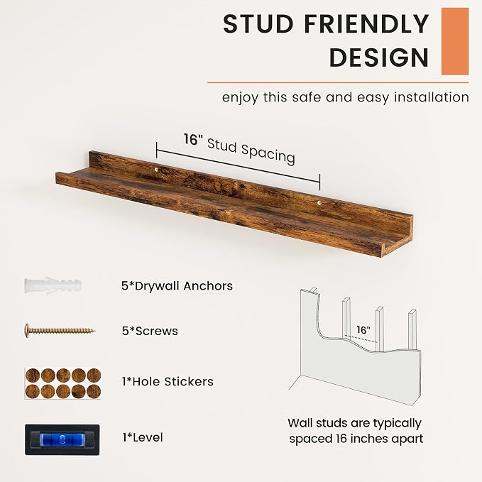 Picture Ledge Shelf, Floating Shelves for Wall, 32" W Set of 2, Brown | FSC Certified Engineered Wood, Wall Mounted Bookshelf, for Nursery Living Room Bedroom, Pre-Drilled, Easy Install