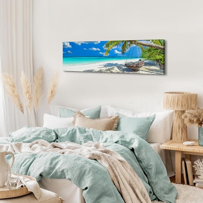 Nature Coastal Scenery Wall Art Tropical Ocean Wall Decor Seascape Coconut Trees on Sands Beach Canvas Picture Photo Nautical Bathroom Painting Blue Sea Coastline Poster Artwork Decorations 14x48”
