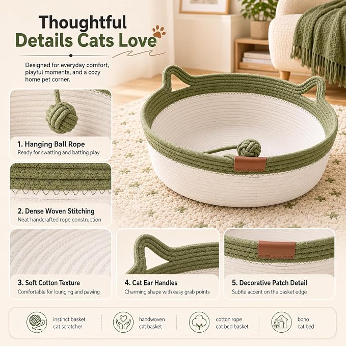 Instinct Basket for Cats - Handwoven Cotton Rope Enrichment Bed with Attached Toy Tail, Scratchable Interactive Pet Nest Features Flexible Walls to Fight Boredom & Protect Furniture (Green & Mat, M)