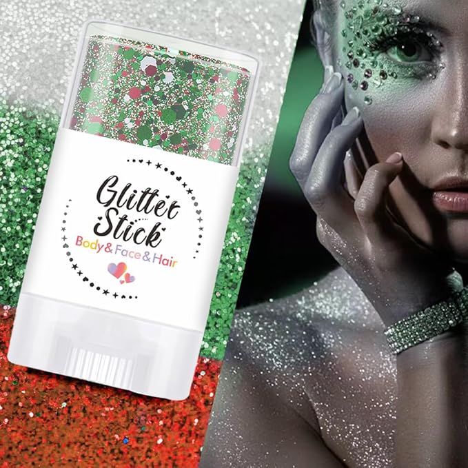 Christmas Body Glitter Stick, Sparkling Holographic Sequins Neon Outfit Party Christmas Hair Accessories and Face Glitter Gel Makeup.(Red Green and White)