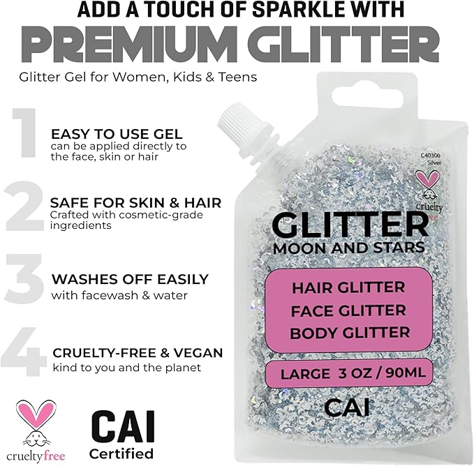 Face, Body & Hair Glitter Gel – Halloween Glitter for Kids and Women – 3 Oz Cosmetic-Grade Gel w/Moon & Stars for Festivals & Halloween Party, Easy Apply & Wash Off - Purple/Silver 2Pack
