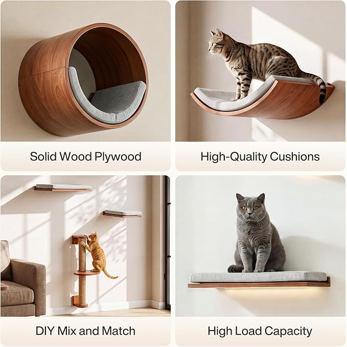Tribesigns Solid Wood Cat Wall Shelves, 5 in 1 Cat Wall Furniture Set | Wood Cat Climbing Wall with Scratching Post, Bed, Stable and Safe, Wall Mounted Cat Tree, Space-Saving, Easy Assembly, Walnut