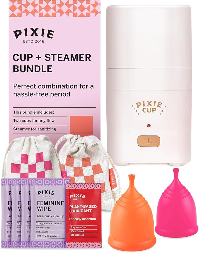 Pixie Menstrual Cups with Sterilizer - The Most Comfortable Soft Reusable Period Cup - Kills 99.9% of Germs with Clean Steam - Wash Your Cup in 3 Minutes! - Compact Sanitizer Kit for Feminine Care