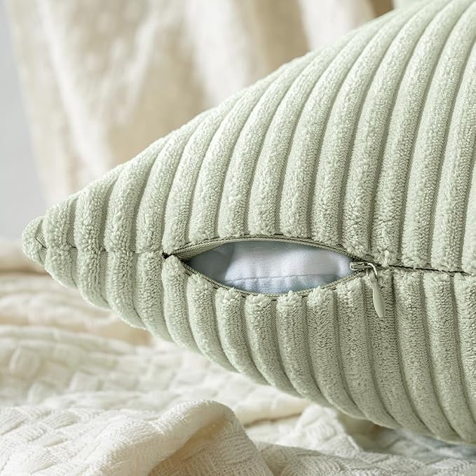 MIULEE Decorative Corduroy Throw Pillow Covers Set of 2 18x18 Light Green | Soft Striped Textured Cushion Cases, Boho Natural Greenery Pillowcases for Home Decor, for Couch Chair Sofa Bed Living Room