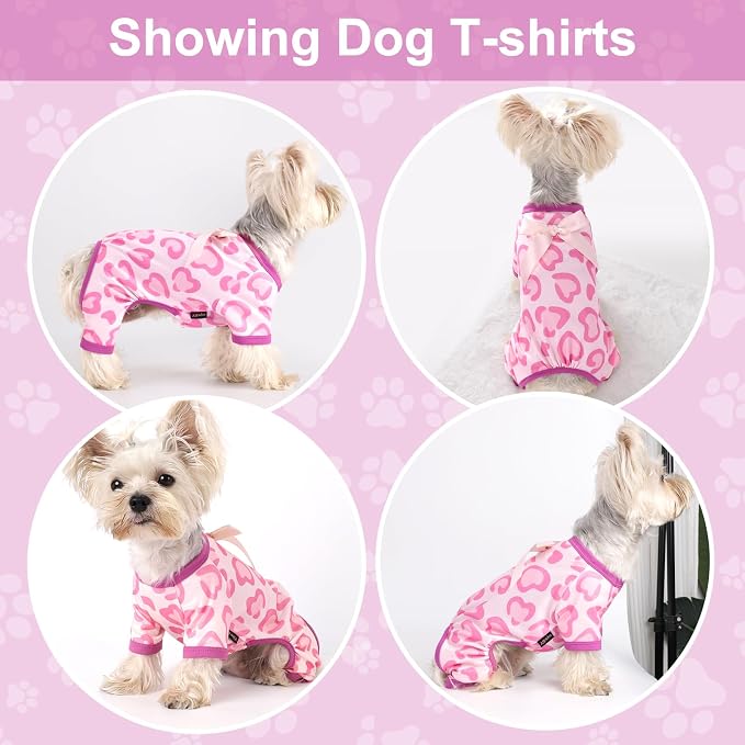 DaFuEn Dog Pajamas for Small Dogs - Soft Stretchy 4-Legged Puppy Onesie & Jumpsuit - Breathable Dog PJs Sleepwear Clothes for Yorkie, Chihuahua, Toy Poodle, Boy & Girl (Pink Heart,S)