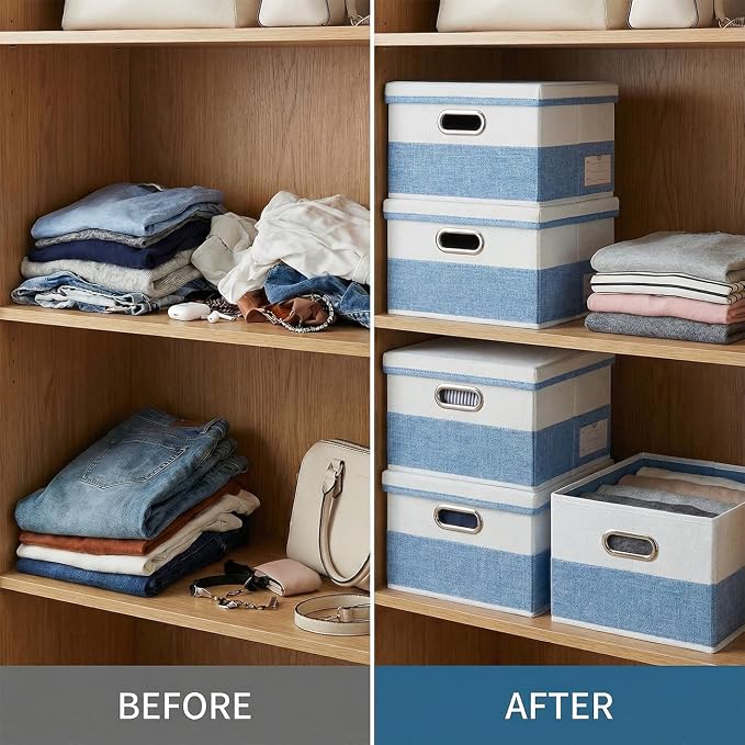 Storage Bins with Lids [3-Pack] Linen Fabric Foldable Storage Boxes Organizer Containers Baskets Cube with Cover for Bedroom Closet Office Blue&White（11.4X8.6X6.7