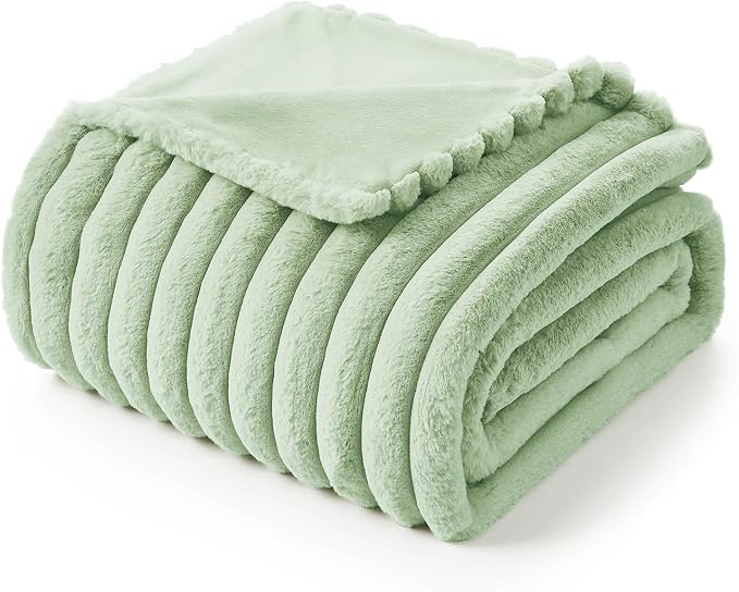 Faux Fur Throw Blanket for Couch, Cozy Fuzzy Fluffy Fur Luxurious Soft Striped Plush Gift Blankets for Family Sofa Chair Bedroom, 55"x70", Sage Green