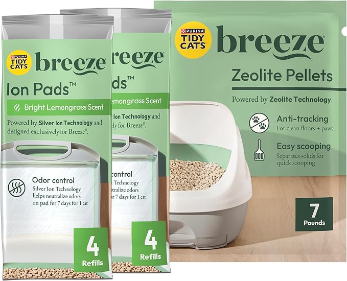 Purina Tidy Cats Breeze Litter System Refill Bundle - 7.91 lb Box | Includes odor absorbing dust-free pellets and absorbent pads for easy, mess-free maintenance