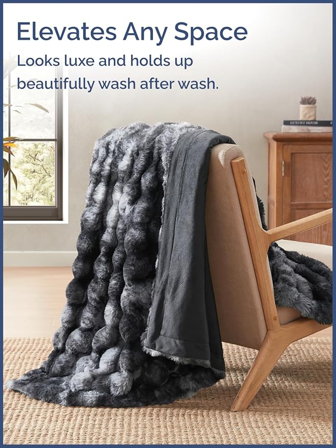 3D Fleece Bubble Blanket Twin - Rabbit Blanket - 60" x 80", Marble Black | Soft Fluffy Faux Fur Blanket for Couch Sofa & Chair, Cozy Gifts for Women, Tie Dye Cloud Throw Bed Cover, Thick Plush Bedding