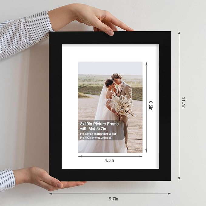 Hongkee 8x10 Picture Frame Set of 4, Made of Real Glass and Black Wooden Frame, 8 by 10 Photo for Wall or Tabletop - Display Picture 5x7 with Mat or 8x10 Without Mat