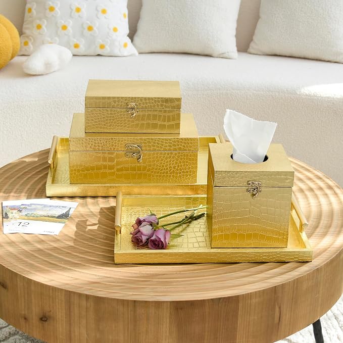 Set of 2 Wooden Decorative Nesting Storage Boxes, Gold Crocodile Leather with Clasp for Home Kitchen Living Room, Ideal Gift for Wedding Memories Jewelry Trinket