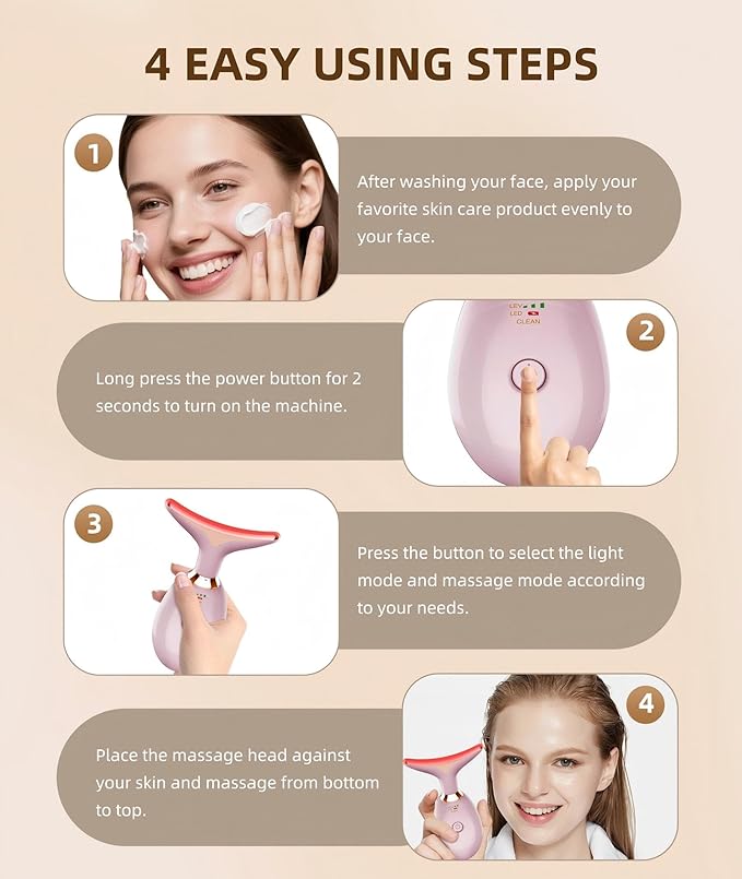 ELISHINE Red Light Therapy for Face and Neck, 7 Color Light Based Face Massager Tool, Portable Skin Care Tool for Firming, Tightening and Lifting (Glossy Pink)