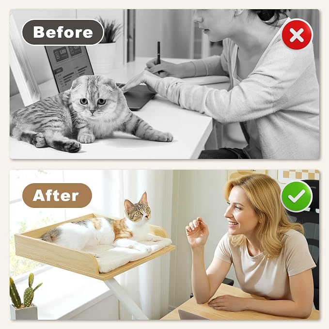 PAWZ Road Cat Desk Bed 360°Rotating Supports to 50 Lbs Cozy Nest for Desk | Wooden Desk Mount Cat Bed with Sturdy Clamp – Fits Desks & Tables, Padded Soft Nest for Cats, Holds Up to 50 lbs
