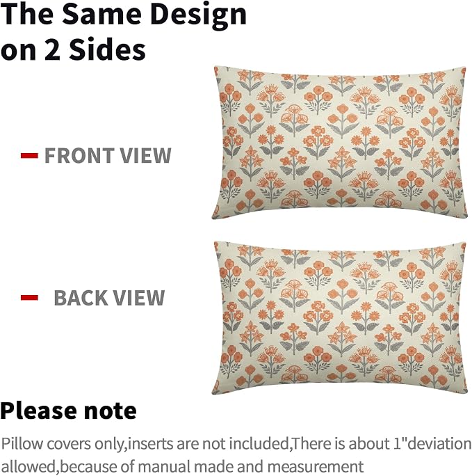 Orange Grey Gray Floral Pillow Covers 12x20 Inch Set of 2, Block Print Lumbar Flower Cream Decorative Throw Pillowcases Outdoor Farmhouse Rectangle Cushion Covers Spring Summer Sofa Couch Bed Decor