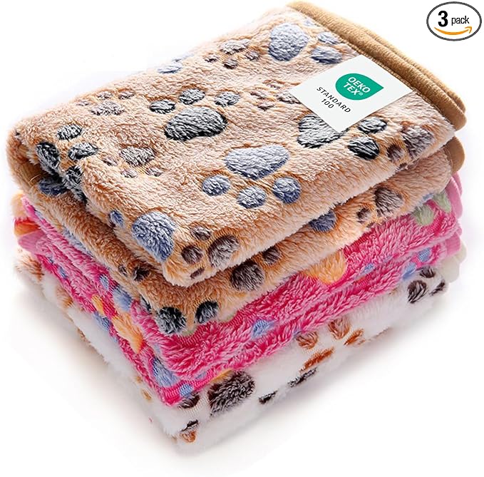 Luciphia 1 Pack 3 Blankets Super Soft Fluffy Premium Fleece Pet Blanket Flannel Throw for Dog Puppy Cat Paw Brown/Pink/White Large(41x31 inch) | Fuzzy Flannel Small Pet Blanket Washable, Cute Paw Print for Crate Car Bed. Puppy Essential,Cat Stuff Gifts...