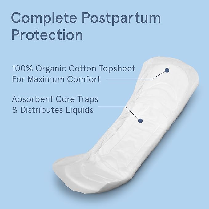 LOLA 100% Organic Cotton Postpartum Pads - 20 Count, Ultra Absorbent and Extra Long Pads, Overnight and Full Coverage, Adult Incontinence Pad for Women, Postpartum Essentials Phase 2