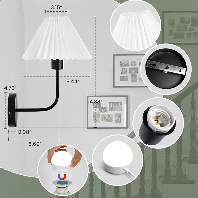 Rechargeable Battery Operated Wall Sconces Sets of 2, 15 Colors Wireless Wall Sconce, Black Wall Lights Fixture with Dimmable Bulbs and Remote, Not Hardwired Wall Mounted Lamps for Bedroom Living Room