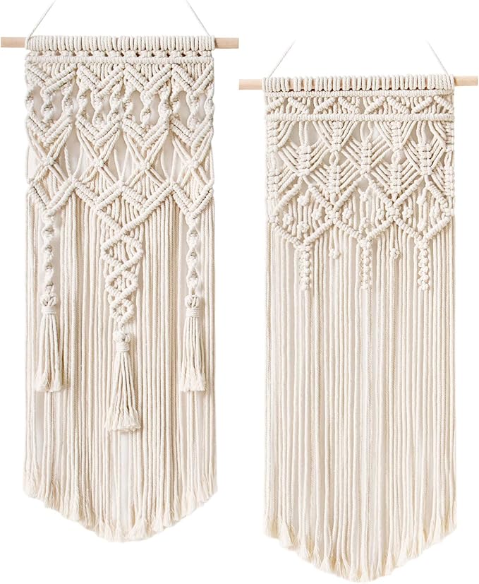 Mkono 2 Pcs Macrame Wall Hanging, Boho Woven Chic Tapestry Decor, Ivory | 28"L x 13"W, Bohemian Wall Decor, Hand-Woven Craft, Multi-Scene, Bedroom Nursery Living Room Apartment, Girls Adults Gift