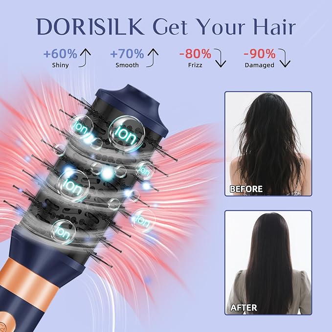 DORISILK 8 in 1 Hair Styler, 110000 RPM High-Speed Hair Dryer Brush Blow Dryer and Auto Wrap Curlers, Negative Ions Hot Brush Styler Smooth for Fast Drying Volumizing Straightening Curling, Deep Blue