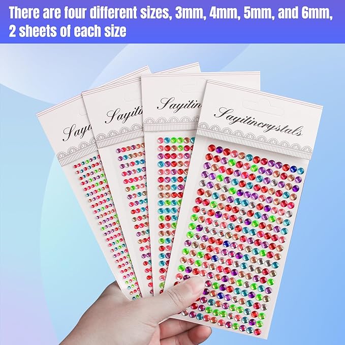 8 Sheets Rhinestone Stickers，3584 Pcs Gem Stickers for DIY Face Eyes Makeup Hair（Colored-3/4/5/6mm）