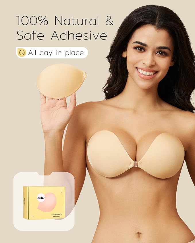 Niidor Adhesive Bra Strapless Sticky Invisible Push up Silicone Bra for Backless Dress with Reusable Nipple Covers