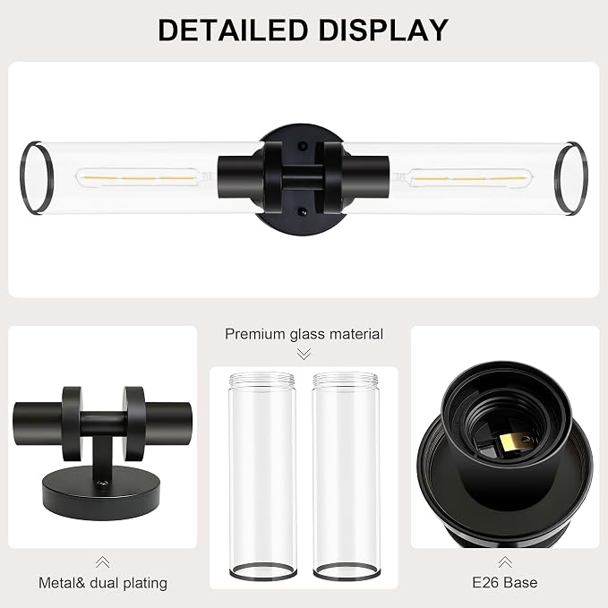 Black Wall Sconces, Set of 2, 22'' Modern Vanity Lights Fixture for Bathroom with Clear Glass, Wall Sconces Lighting, for Living Room/Bathroom Hallway Mirror/Bedroom (Bulbs Not Included)