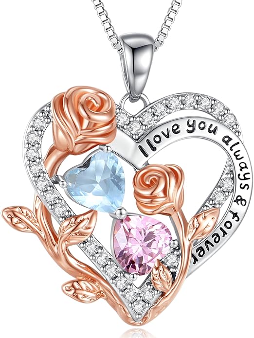 I Love You Birthstone Necklace, 925 Sterling Silver Heart Pendant with CZ Diamond Stones, Birthday Gifts for Women, Romantic Gift for Wife, Girlfriend, Her, Anniversary, Valentine's Day, Christmas