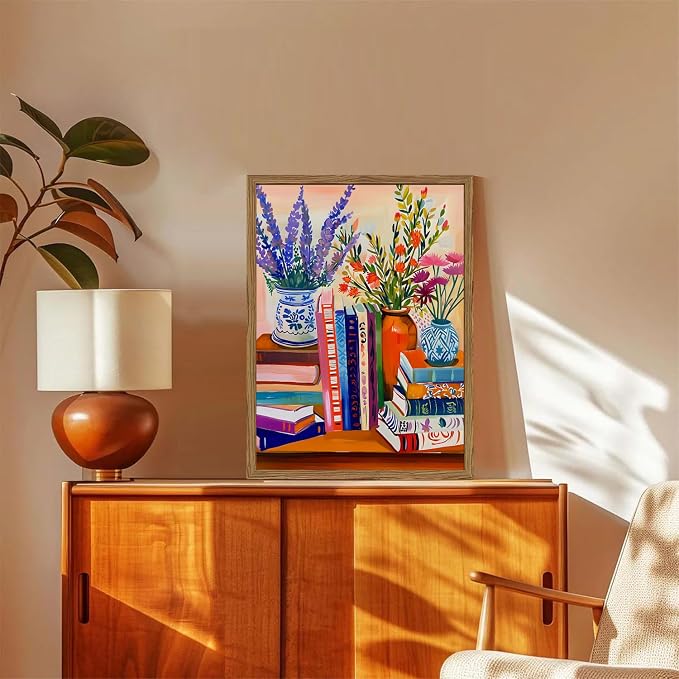 Vintage Floral Book Wall Art Color Book Still Life Wall Decor Painting Pictures Fashion Flower Bookshelf Poster Canvas Print Artwork for Bedroom Living Room 12x16 inch Wood Framed