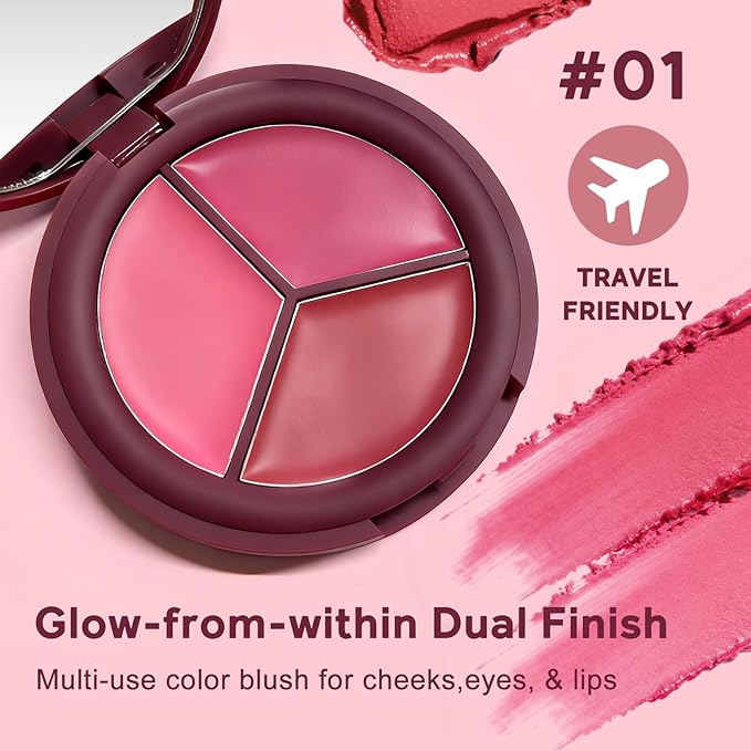 Color Nymph 3 Colors Ultra-Creamy Blush for Cheeks, Multi-Use Cream Blushes Balm Face Makeup, Hydrating, Creamy, Lightweight & Blendable Color, Face Makeup, Vegan & Cruelty-Free （#01）