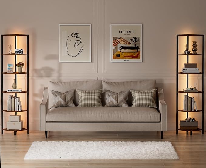 6 Tier Corner Shelf with LED Light, 67.5" Corner Narrow Bookshelf | Tall Standing Shelf Organizer, Storage Rack for Wall Corner, Living Room, Bedroom, Metal Frame, Wood Display Shelf