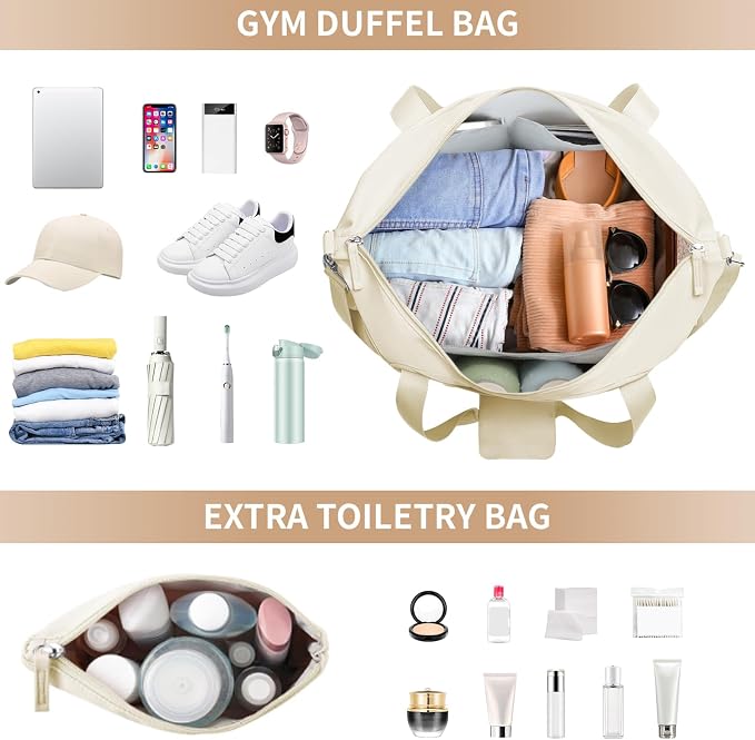 Gym Bag for Women, 45L Carry On Travel Duffel Bag with Shoes Compartment, Weekender Overnight Bag with Wet Pocket for Women, Travel, Gym, Weekend, Large Size