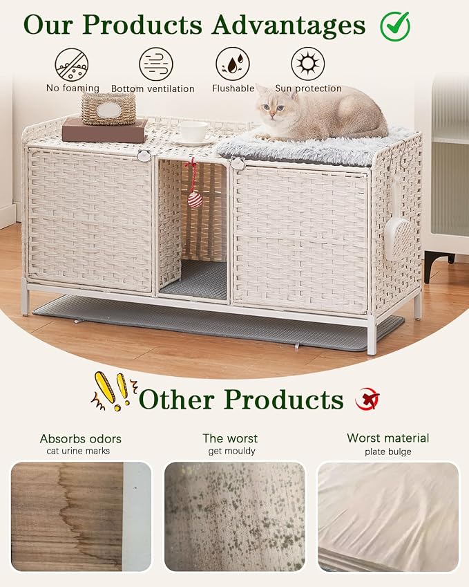 SETVSON Cat Litter Box Enclosure for 2 Cats, PE Rattan Kitty House, White | Handwoven PE Rattan with 2 Absorbent Mats, 3.2-In Heightened Metal Feet, 2 S-Hooks, 47.3 x 19.7 x 24 Inches Cabinet
