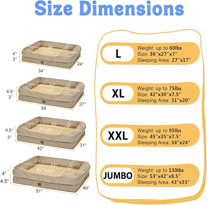 Orthopedic Washable XXL Dog Bed for Extra Large Dogs | Egg Crate Foam, 4-Sided Bolster Support, Waterproof Liner, Non-Slip Bottom, Removable Bolster Cover, 45 x 35 Inch