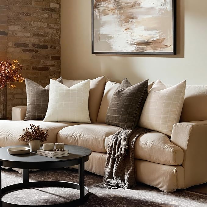 MIULEE Beige Plaid Decorative Throw Pillow Covers 20x20 Set of 2 | Vintage, Check Chenille Couch Pillows, Neutral Boho Farmhouse Cushion Covers, Modern Home Decor for Sofa Bed Living Room
