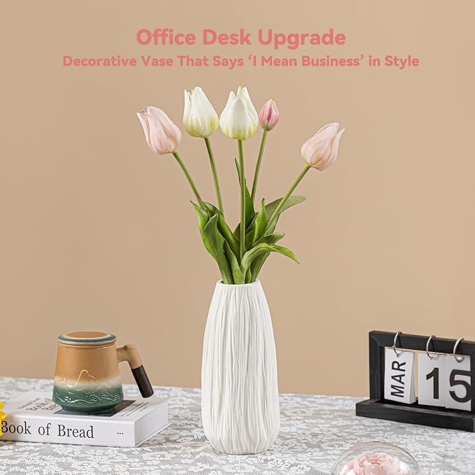 White Ceramic Vase with Woodgrain Texture & Vertical Lines - 9.3" Unique Flower Vase for Pampas Grass & Centerpieces, Farmhouse/Boho Decorative Vase for Living Room, Office Desk &Gift for Her/Yourself