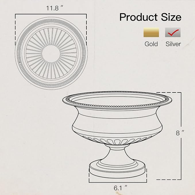 Worth 8" H. Silver Color Urn Vase for Centerpieces, 11.8" Dia. Metal Trumpet Small Flower Pots for Table, Bowl Vase for Wedding Party Event Home Decor, Smooth, Non-Aged Finish