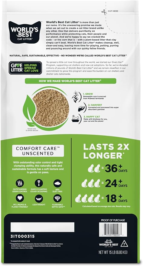 World's Best Cat Litter, Comfort Care, Unscented, Odor Control, 15 lb Bag | Gentle odor control for sensitive cats and lasts 2x longer; natural corn litter, quick clumping, flushable, 99% dust free