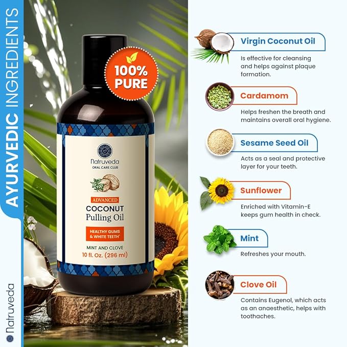 Natruveda Coconut Oil Pulling Mouthwash – 40 oz (Pack of 4), Extra Virgin Coconut Oil, Mint Flavor, Oil Pulling for Teeth & Gums, Natural Mouthwash, Whitening Oral Rinse, Ayurvedic Pulling Oil